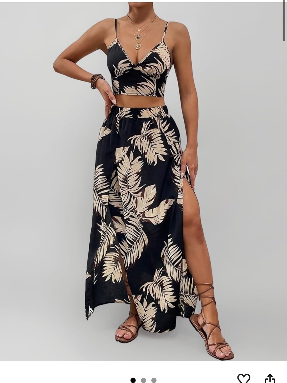 Amazon Black Maxi Skirt with Cream Tropical Leaf Print